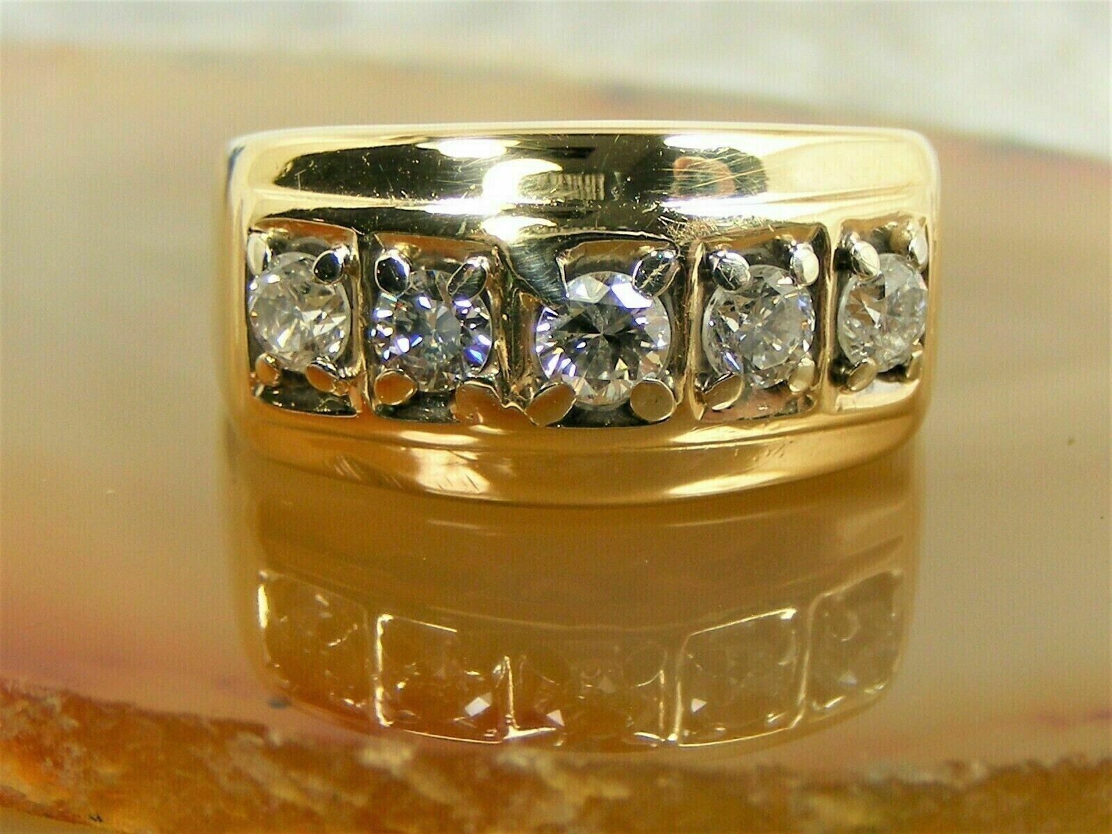 14K Yellow Gold Plated Round Cut White Diamond 5 Stone Men's Wedding Band Ring